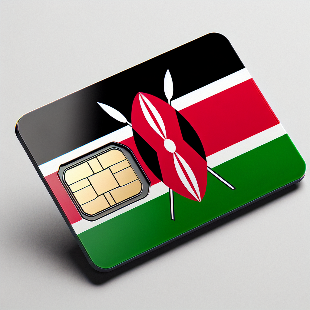 Create a detailed product photograph of an eSIM card related to the country Kenya. The base of the card should include the design of the Kenyan flag, with vibrant bands of black, red, and green separated by thin white lines, and a shield and spears emblem in the center. The image should be clear and professional-looking, highlighting the sleekness and convenience of the eSIM technology. Make sure the eSIM card is displayed prominently and make sure not to include any text on the card or within the image.