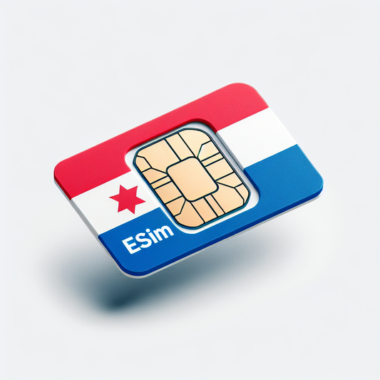 Create a product image of an eSIM card designed for the Netherlands Antilles. The base of the card should be primarily colored with the blue, white, and red stripes found in the flag of the Netherlands Antilles. Please avoid the inclusion of any text or scripts on the eSIM card.