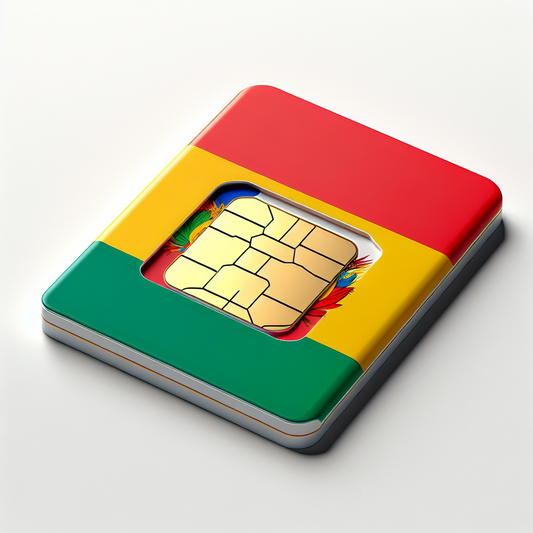 A detailed 3D product image of an eSim card. The base design of the eSim card features the tricolor design of the Bolivian flag. Take care to accurately capture the array of Bolivian flag colors - red (on the bottom representing Bolivia's brave soldiers), yellow (in the middle representing Bolivia's wealth of mineral deposits), and green (on top symbolizing the country's rich flora). There should be no text anywhere in the image.