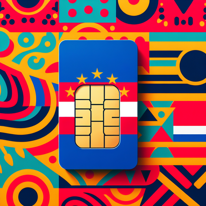 Create a product photo of an eSIM card designed for the country of Cape Verde. The background should feature the vibrant colors and pattern of the Cape Verde flag. Please ensure no text is included in this image.