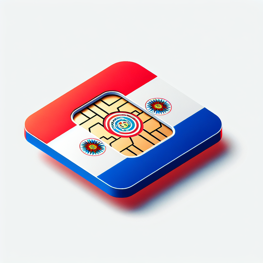 Create a detailed product image of an eSIM card designed with the colors and elements of the Paraguayan flag. The eSIM card should not contain any text. The design should be vibrant and eye-catching, reflecting the national colors of Paraguay: red, white, and blue. Note: eSIM is a digital SIM that allows devices to access a mobile network operator without requiring a physical SIM card.