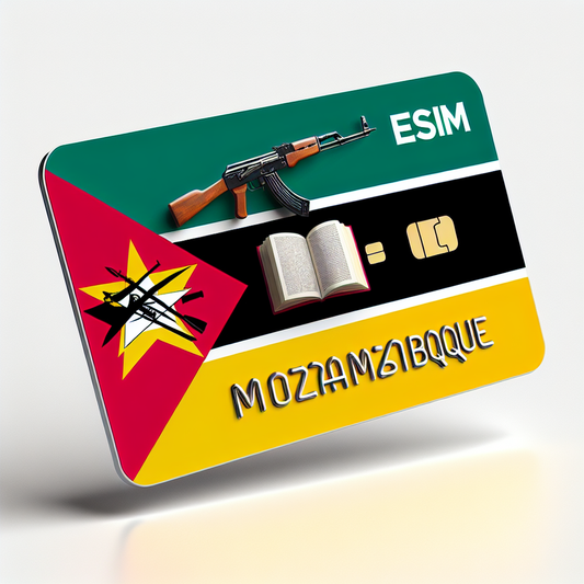 Imagine a product photo of an eSim card designed for the country of Mozambique. The base of the card should be inspired by the Mozambique flag, containing its vibrant, distinct colours – green, black, and yellow horizontal stripes with a red triangle on the hoist side with a Kalashnikov rifle crossing a hoe, underlined by an open book. Ensure there is no text included in the final image representation.