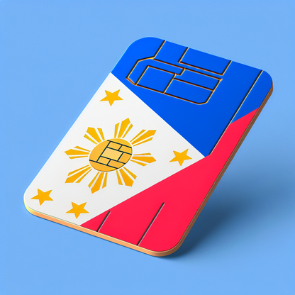 Create a product photo of an eSIM card designed for the Philippines. The base of the eSIM card should incorporate the design and colors of the Philippines' flag - a white triangle on the left side, a golden-yellow sun at the center of the triangle, and three stars at each corner of the triangle. The rest of the flag is horizontally divided into two bands; the top band is royal blue and the bottom band is scarlet red. However, do not use any text on the card.
