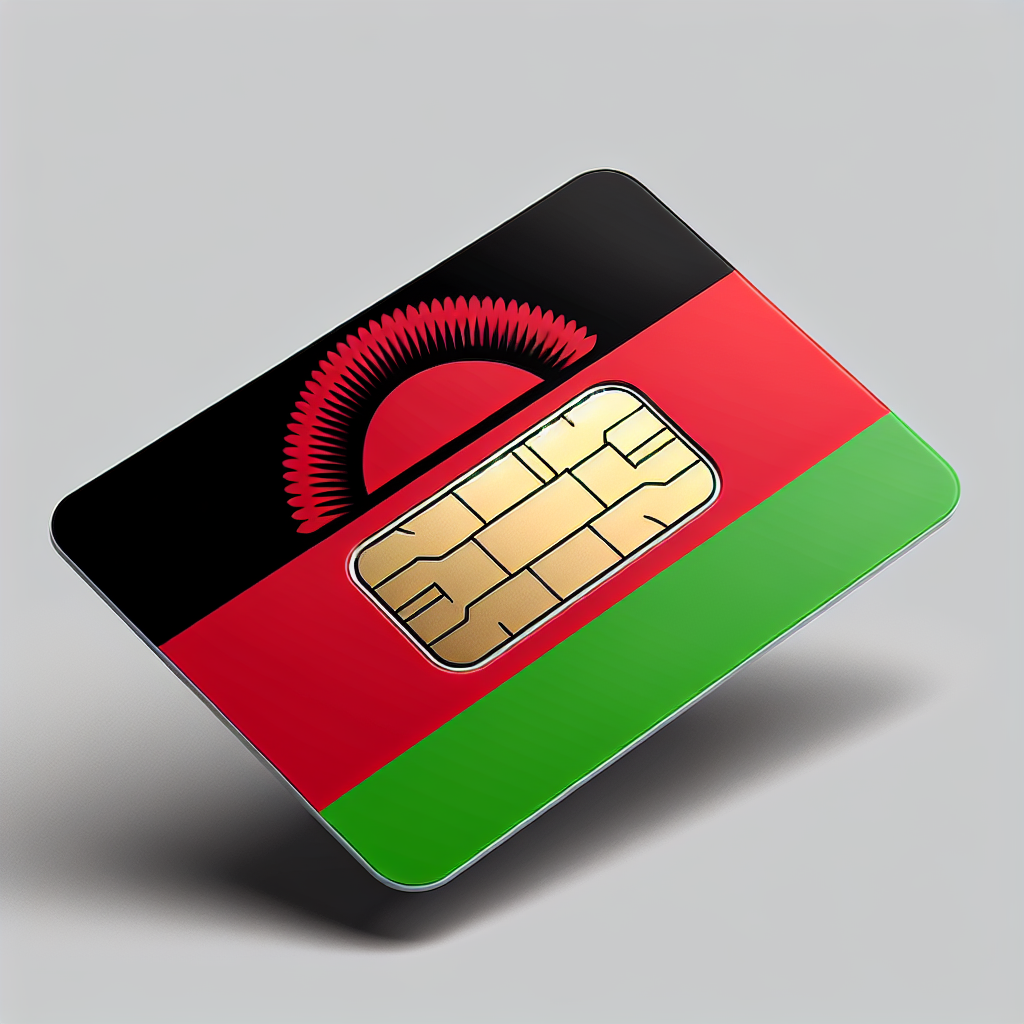Create a detailed product photo showcasing a digital eSim card dedicated to Malawi. Use the national flag of Malawi - characterized by its three horizontal bands of black, red and green with a rising sun at the upper black band - as the base design for the eSim card. Make sure not to include any text in the image.