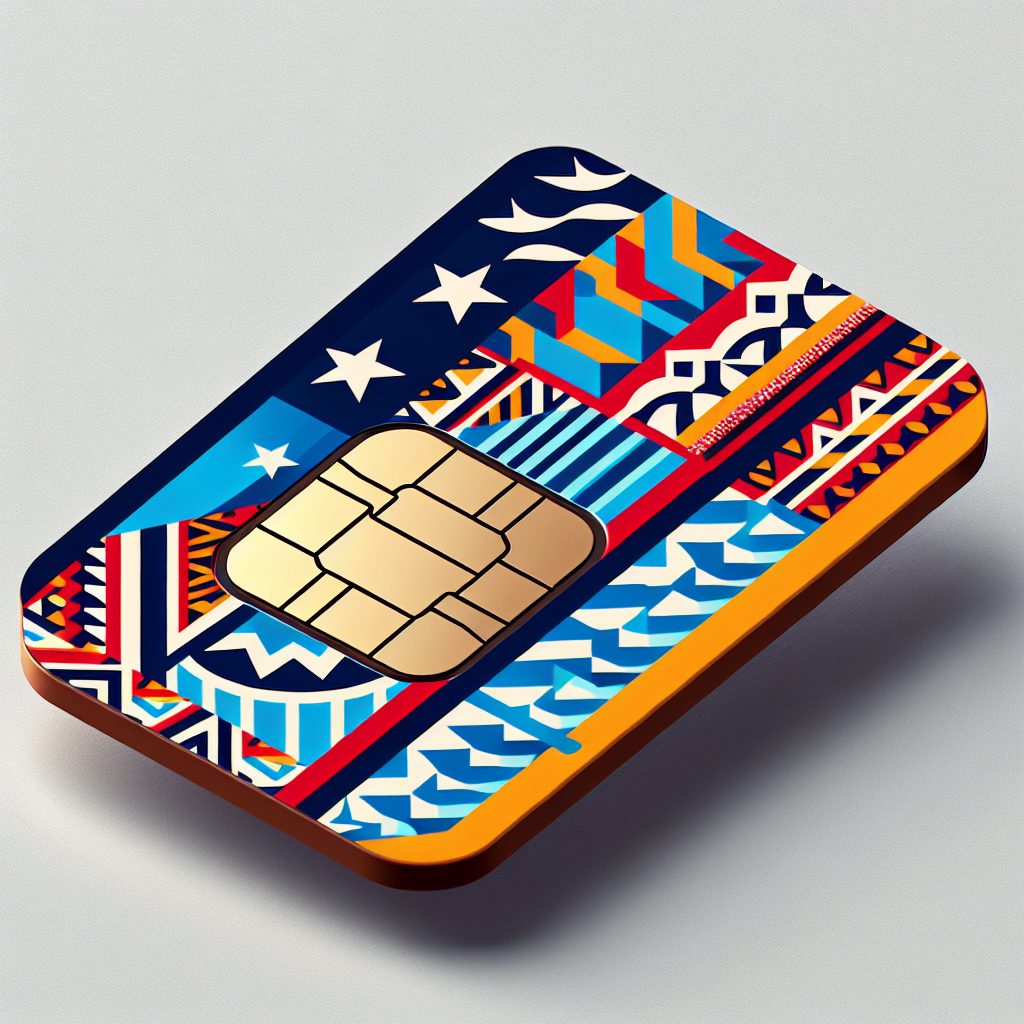 Generate an image of an eSim card featuring the base design inspired by the national flag of Samoa. The design should encapsulate the colors and patterns from the flag, but without including any text. Make sure that the eSim card looks professional and is suitable as a product photo.