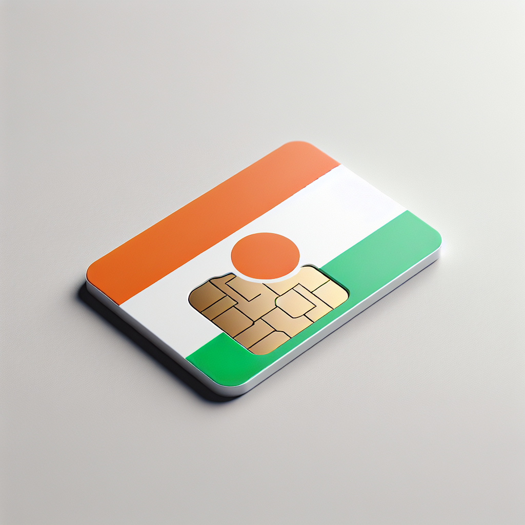 A product photography image of a virtual eSIM card. The base design of the card features the national flag of Niger, which consists of three horizontal stripes in orange, white, and green, from top to bottom, with an orange circle in the middle of the white stripe. Ensure not to include any text within the image. The eSIM card should appear sleek and modern, capturing its digital nature.