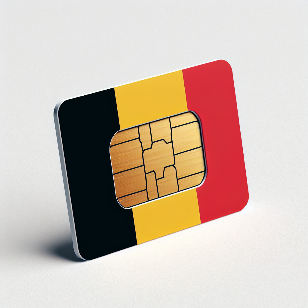 Generate an image of a product photograph of an eSim card designed for the country of Belgium. The base of the eSim card is inspired by the national flag of Belgium, which is a tricolor of black, yellow, and red. Despite the patriotic design, refrain from including any form of text in the image. The eSim card should be displayed against a neutral or white background for a professional product photo flavor.