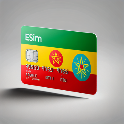 Create an image of an eSIM card designed with the basis of the Ethiopian flag. The eSIM card should clearly incorporate the green, yellow, and red stripes characteristic of the Ethiopian flag. Please ensure no text is included anywhere in the image. The card itself should be visually indicative of its purpose as an eSIM card, using standard iconography where applicable. The backdrop for the product photo should be neutral to emphasize the vibrant card design.