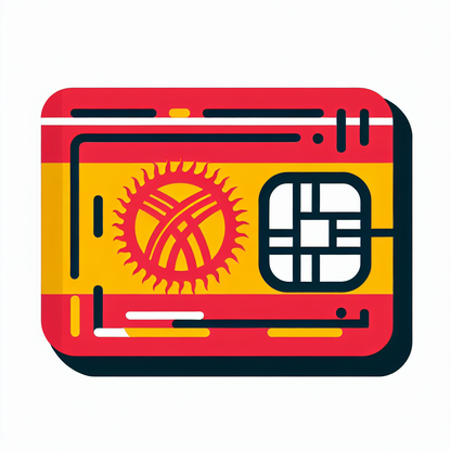Create an image of a digital eSIM card that represents the country of Kyrgyzstan. Use the color scheme of the Kyrgyzstan flag to design the card. The card has three stripes varying between red and yellow, and a round emblem on the side echoes these colors. Ensure there is no text present, and the card remains a purely visual representation of a digital mobile networking tool.
