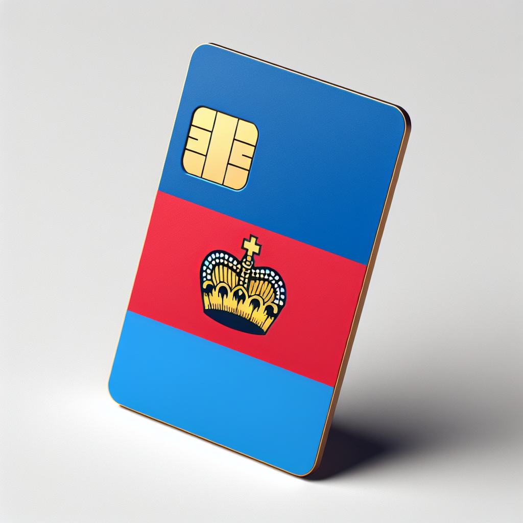 An eSIM card incorporating the design elements from the flag of Liechtenstein. The base of the card is endowed with the flag's blue and red bands, in the top and bottom halves respectively. Positioned at the left side is the golden crown symbol, acting as a decisive touch of Liechtenstein's identity. The entire design is void of any text to maintain its visual purity. Ensure to capture the card in a fashion fitting for a product photo, placing it against a well-lit, plain backdrop to enhance its features.