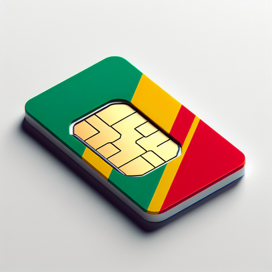 A product photo of an eSIM card designed for the Republic of the Congo. The base of the eSIM card incorporates the country's flag, consisting of a diagonal tricolor design with green at the top, yellow in the middle, and red at the bottom. The card retains the usual shape and appearance of eSIM cards, while displaying a distinct, colorful and patriotic theme. No lettering or text of any sort is included in the design, ensuring a clean and streamlined appearance.