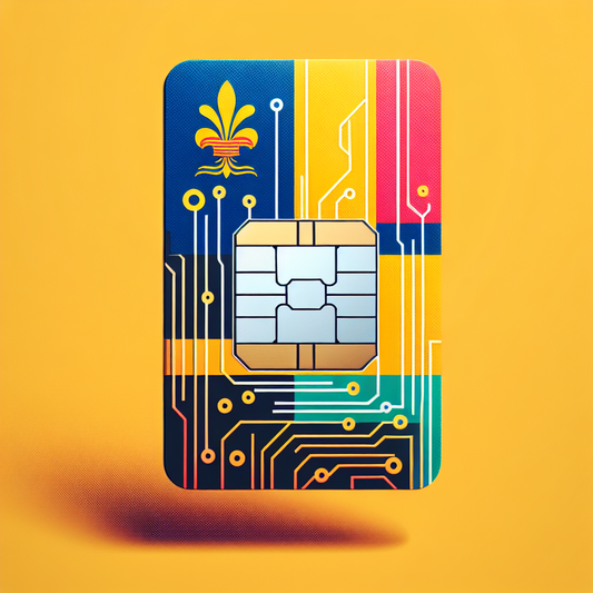 Generate a product image for an electronic sim (eSIM) card designed for the country of Mauritius. For the foundation of the eSim card, utilize a representation of the country's flag. However, keep the image absolutely free from any form of text or written information.