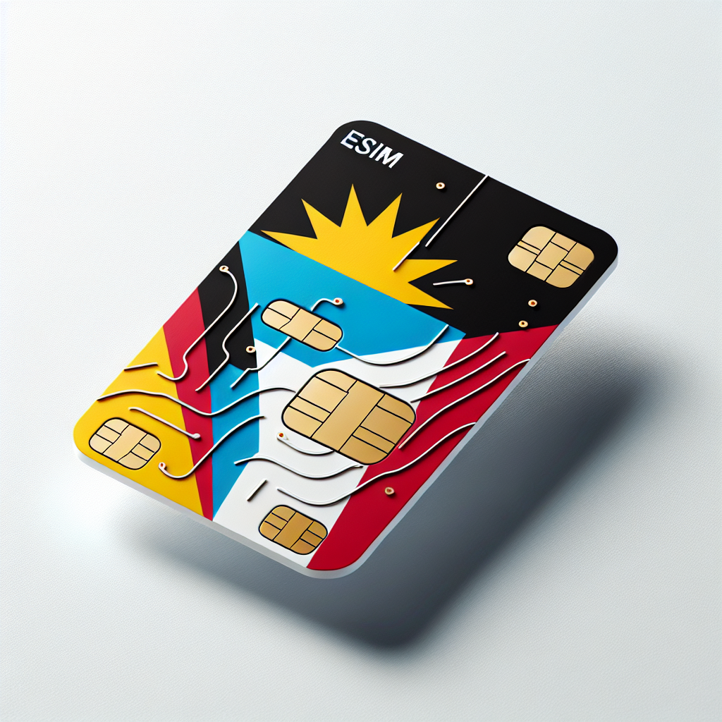 Generate an eSIM card design for the country of Antigua and Barbuda. The base of the card should be inspired by the country's flag, featuring the main colors - black, blue, white, yellow and red, all carefully arranged in a harmonious manner. The card should not contain any text elements. Ensure a realistic product photo look with appropriate lighting and shadows.