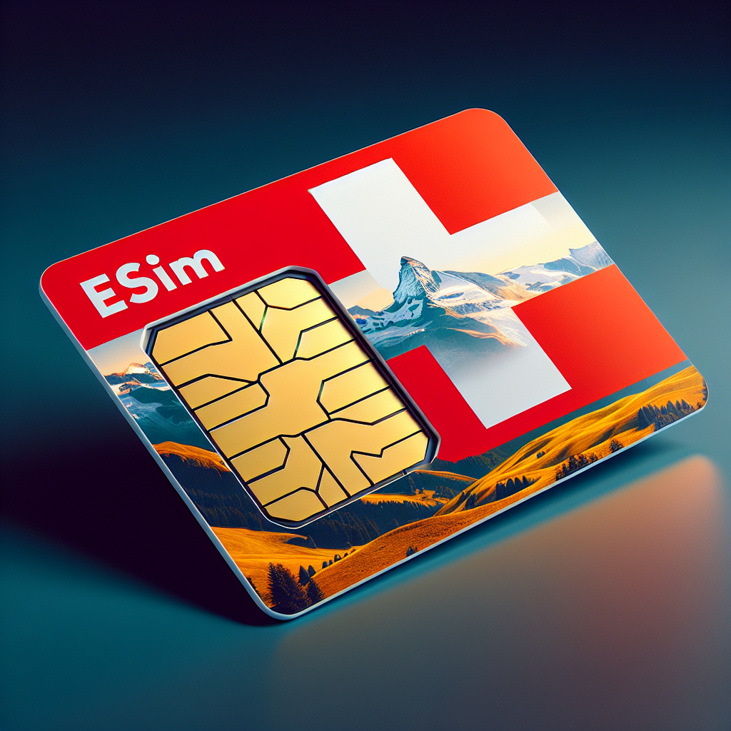 Create an image showing a product photo of an eSIM card featuring the flag of Switzerland. The flag should serve as the basic design for the eSIM card. Please do not include any text in the image.