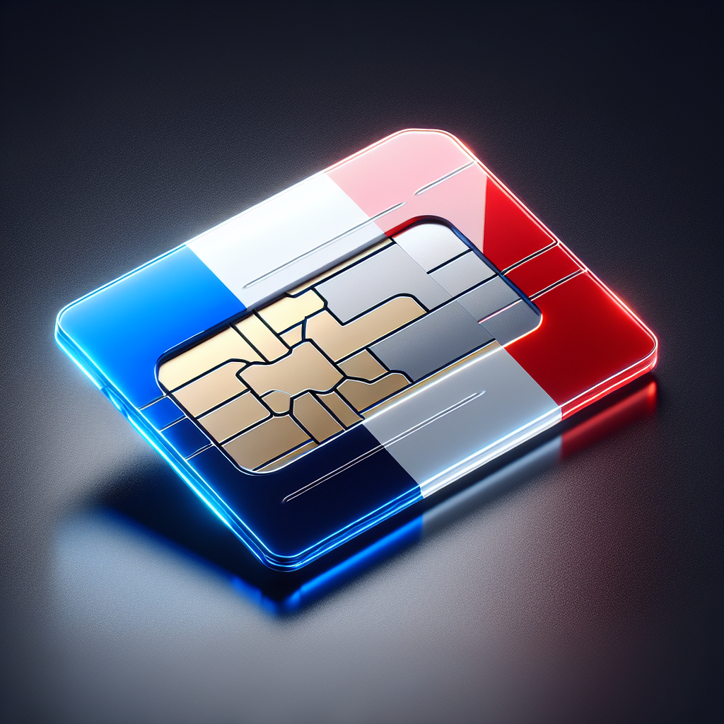 Generate an image of an eSIM card designed with the flag of France as the base. The flag consists of three vertical stripes in blue, white, and red respectively. Make sure the card looks glossy and has a futuristic feel to it, showcasing it as a high-tech product. The card should appear as though it's made for cellular network functionality in France. Remember to exclude any text.