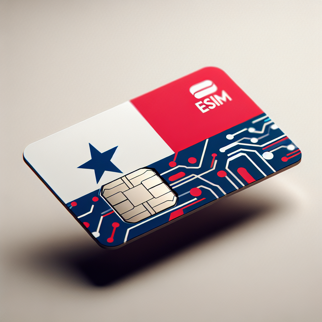 A visual representation of an eSIM card designed for the country of Panama. The eSIM card takes inspiration from the flag of Panama, integrating colors like white, red, and blue in its design. The eSIM card should have a digital, tech-savvy look to it, symbolizing the technological advancement of the country. It should be presented on a neutral colored backdrop suitable for an online product photo. Please exclude any textual elements from the image.