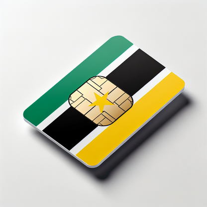 Create a product image of an eSim card designed for the country of French Guiana. The eSim card's design is based on the flag of French Guiana. The eSim card is rectangular and is the size of a standard SIM card. It's notable that the flag starts with two equal horizontal stripes of green and white, followed by a gold star against a black triangle, and another two horizontal stripes of yellow and red. Avoid including any form of text in the composition of this image.