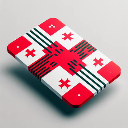 Design a product photo of an eSIM card featuring the colors and design of the country flag of Georgia. The eSIM card should be rectangular in shape, and follow a clean and modern design aesthetic, without any textual elements included in the image. The Georgian flag includes three bold, horizontal red stripes alternating with two white stripes, with a white rectangle that contains a red cross and four smaller crosses. Adopt these elements in a creative and appealing way for the eSIM card design.