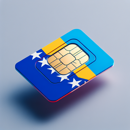 An eSIM card decorated with the colors and design elements present in the flag of Bosnia. The layout should simulate a typical product photo, highlighting the contours of the eSIM card and its unique design. Ensure not to include any text within the image.