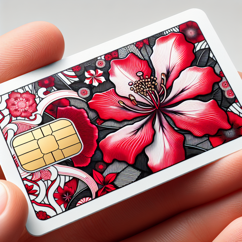 A highly detailed product photograph of an eSIM card designed for use in Hong Kong. The eSIM card showcases a base design featuring the vibrant bauhinia flower from the flag of Hong Kong, depicting a harmonious blend of red and white with unique patterns. Please note that this design is devoid of any text elements to abide by the user's request.