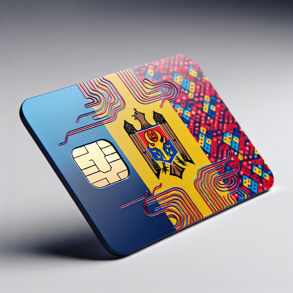A product photo of a digital eSim card linked to the country of Moldova. The base of the card is designed with the colors of the Moldovan flag with patterns of blue, yellow, and red. The card carries no text or inscription whatsoever, it's completely textless. The card is digitally displayed in a 3D perspective view, making it appear as if it's slightly lifted from the surface.