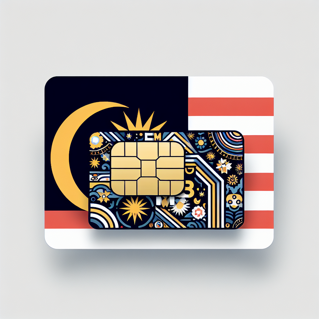 Create a detailed image of an eSIM card, using the design elements and colors from the Malaysian flag. This product photo should not include any text. The eSIM card should embody the spirit of the flag without any explicit symbols or identifiers.