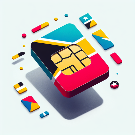 Create a product image showcasing an eSIM card. The base of the eSIM card should feature the vibrant colors of the flag of the country Saint Martin, a territory in the Caribbean. The design should contain no text, placing prominence on the visual representation of the flag and the eSIM card itself.