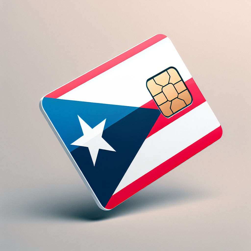 Create a product image of an eSIM card designed for the country of Puerto Rico. The base of the eSIM card should be themed with Puerto Rico's flag colors, featuring a white band from the top to bottom, overlaid with a blue equilateral triangle on the left side, with every edge touching the card's edge, and a big star within this triangle. Remember, do not include any text in the image.