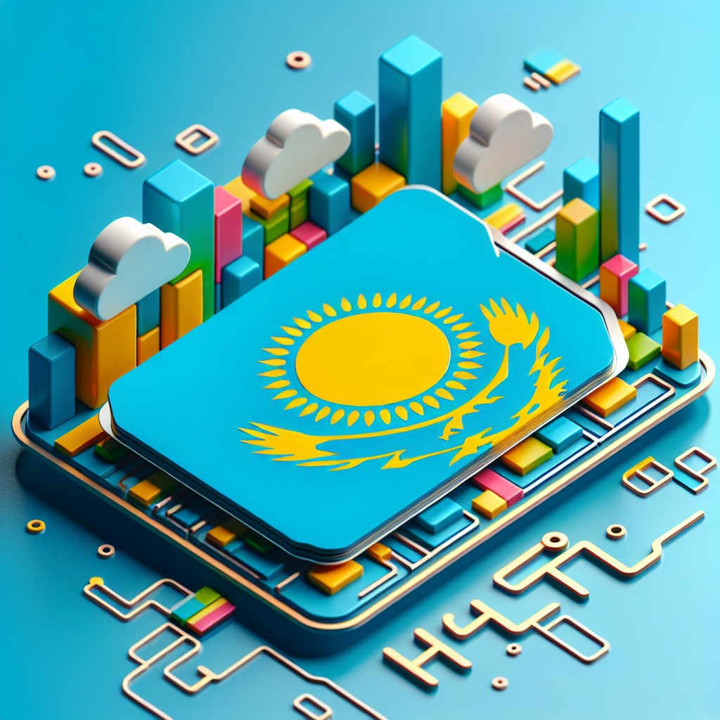 Imagine a digital rendering of an eSim card with the base designed using the colors and elements of the Kazakhstan flag. The whole outlook is neat, vibrant, and appealing, emphasizing the idea of connectivity and technology. Please note, there is no text included anywhere in the scene.
