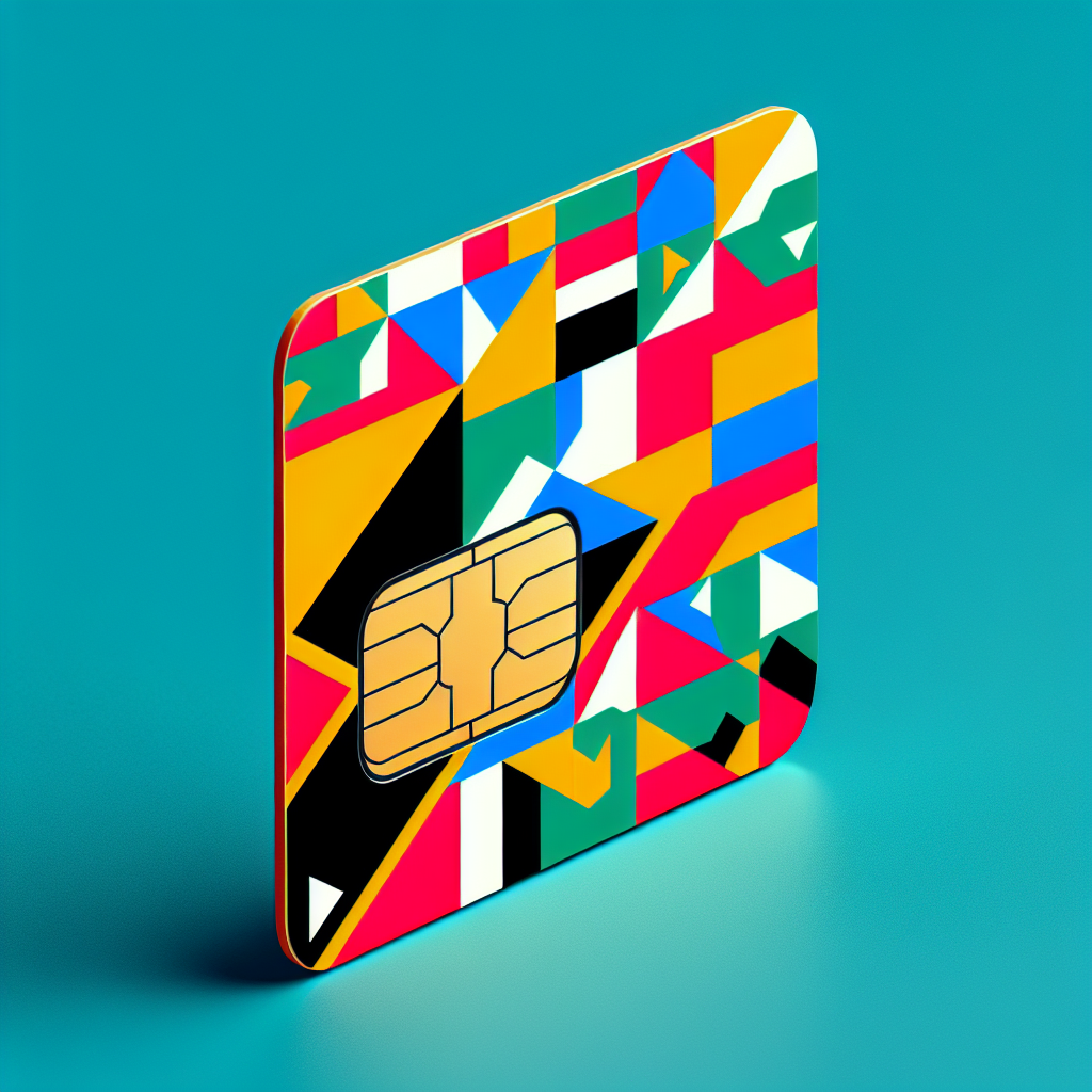 Create an image of an eSIM card designed for the country of Saint Kitts and Nevis. The base of the eSIM card should incorporate the vibrant colors and patterns of the country's flag. The eSIM card will specifically not have any text on it, emphasizing its sleek, modern, and minimalist design aesthetic.