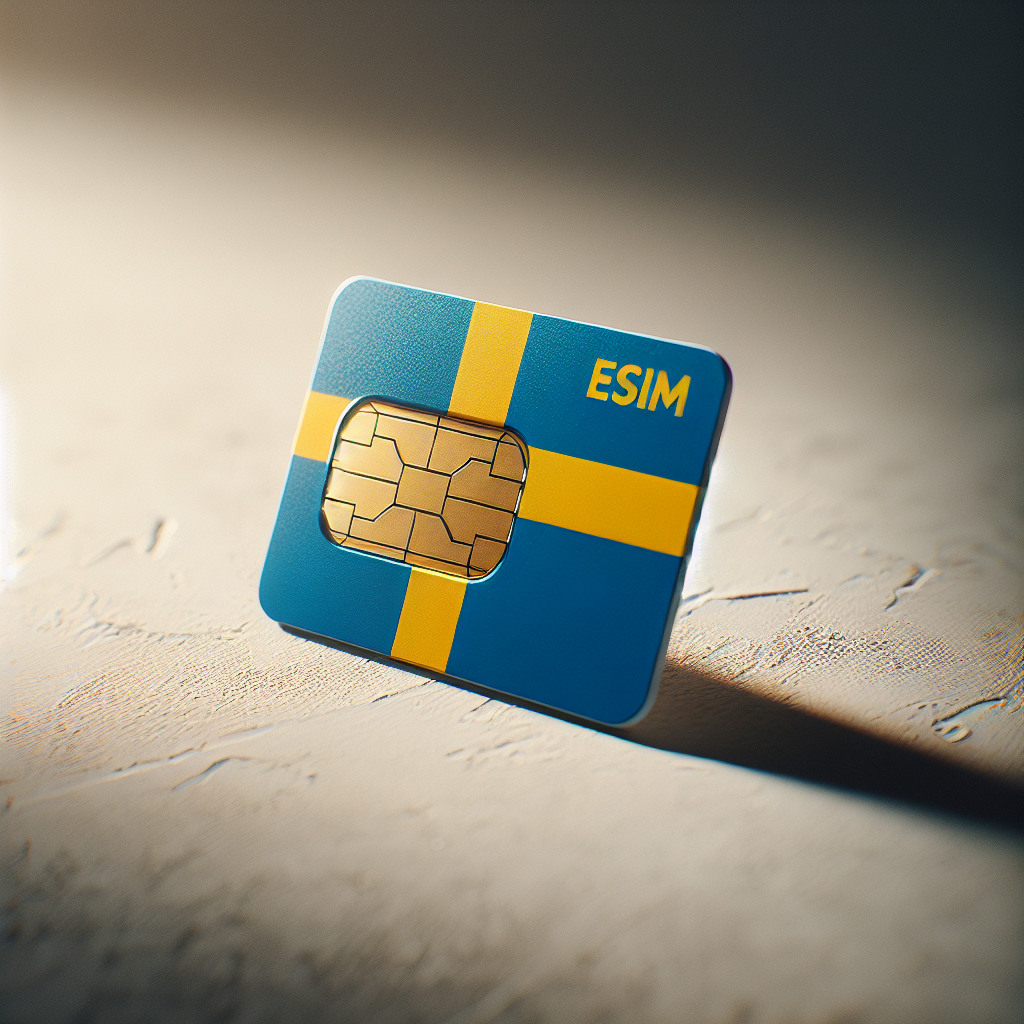A product shot of an eSIM card inspired by Sweden's national colors. The eSIM card rests on a textured surface, and it features the vibrant blue and yellow colours that resemble the Swedish flag. However, the card is devoid of any text, symbols or logos. The eSIM chip, usually found at the corner of the card, shines with a metallic gleam. A soft, diffused light gives the scene a professional look, common in product photography.
