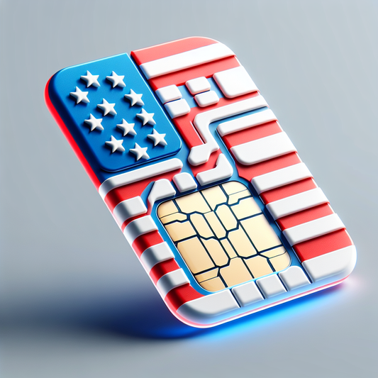 Product image of an eSIM card displaying design elements inspired by the United States flag, with vibrant red and white stripes, and a blue corner adorned with white stars. Concentrate on a sleek and high-tech aesthetic common to SIM cards, but avoid adding any textual elements. Highlight the shape and form of the eSIM, implying its digital nature and contactless utility.