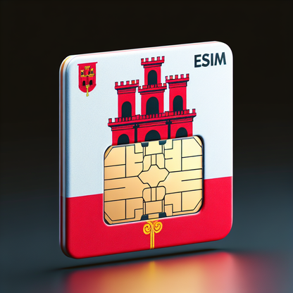 Create an image of an eSIM card themed after the country of Gibraltar. The base of the eSIM card should incorporate the design of the Gibraltar flag. Make sure all details of the flag are clearly visible. Do not include any text on the eSIM card. The picture should be suitable for product photography, with clear, sharp focus and good lighting conditions highlighting the colors and details of the eSIM card.