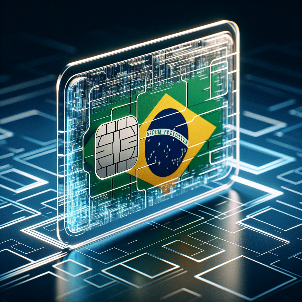 A conceptual representation of an eSim card designed for the country of Brazil. Imagining the eSim as an almost transparent futuristic rectangle, with Brazil's flag subtly embedded as the base design. Ensure that no text is included in the image.