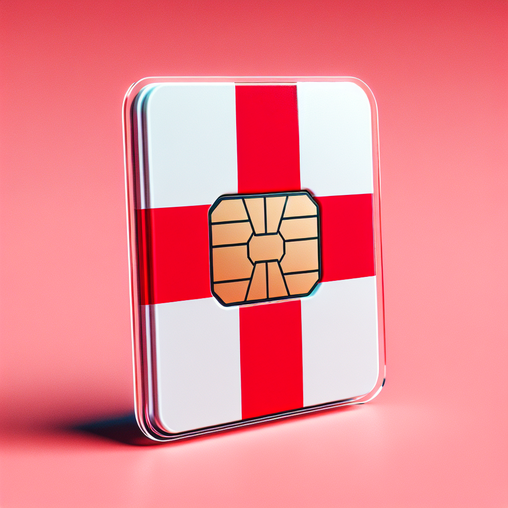 Create a product visualization of an eSIM card for the country of Jersey. The base of the eSIM card features the flag of Jersey without any text. Highlight the distinctive red and white design of the flag in the eSIM card design. Ensure that the image is very clear, high-resolution, and does not include any text.