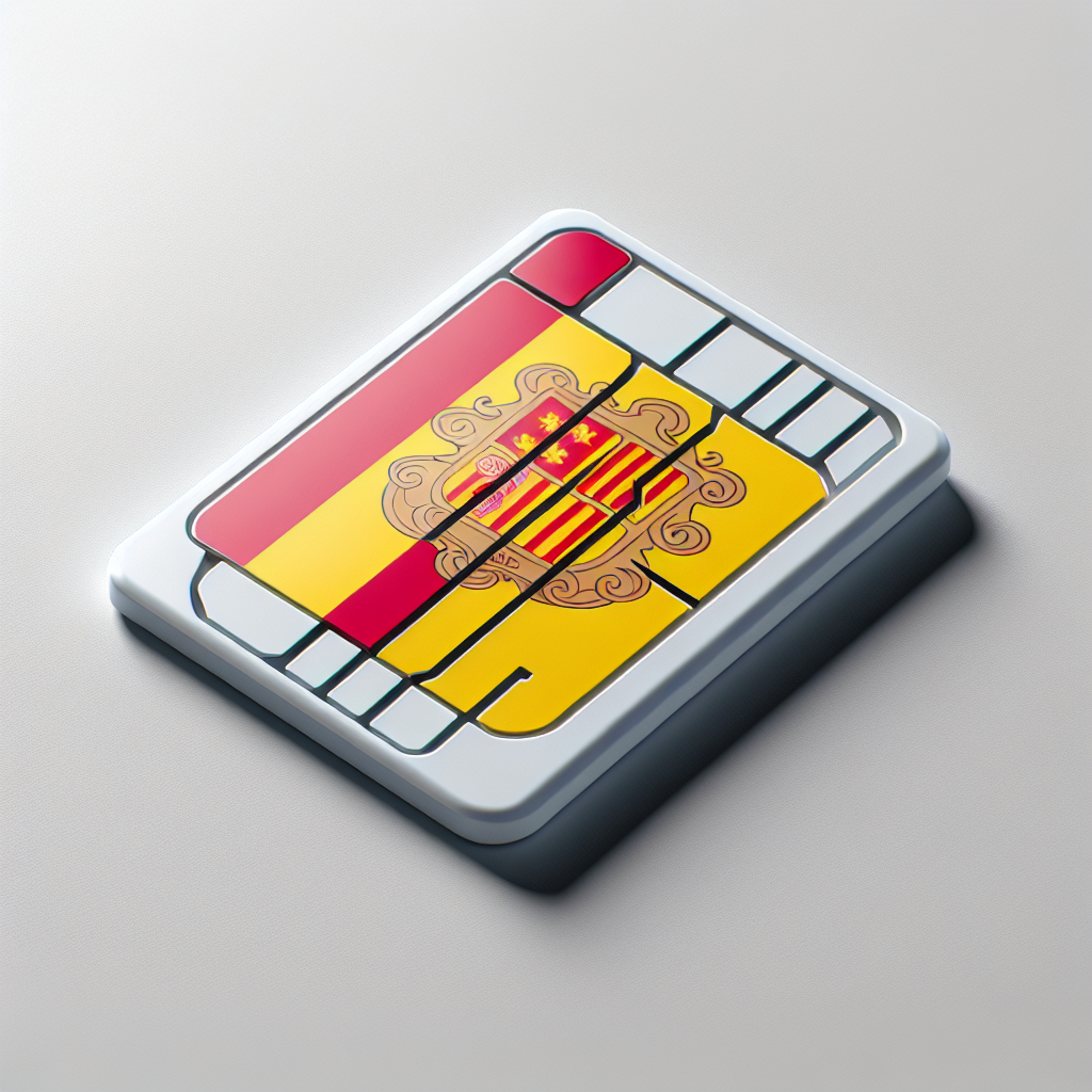 A product photo of an esim card designed for the specific use in the country of Andorra. The base of the esim card is depicted with the design of Andorra's national flag. The flag colors and symbols are properly placed and are recognizable, but no text whatsoever is present in the image.