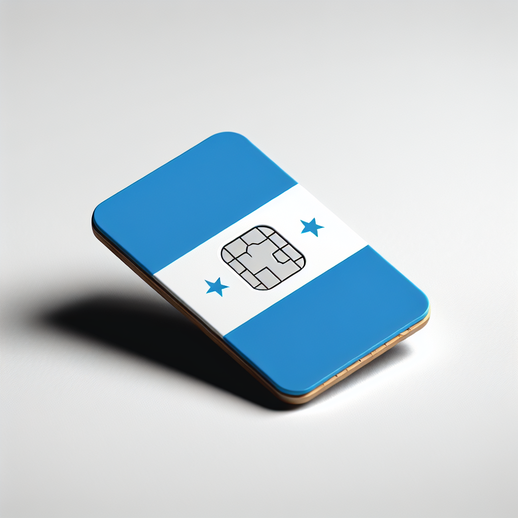 A product photo of an eSIM card carrying the essence of Honduras. On the eSIM card, use the colors: blue at the top and bottom, and white in the middle, reflecting the colors of the Honduran flag. The eSIM card should not contain any text.