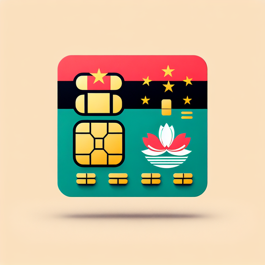 Generate an image depicting a product photo of an eSIM card intended for use in Macau. The design of the eSIM card should be based on the national flag of Macau, displaying its prominent colors and symbols. Make sure no textual elements are included in the image.