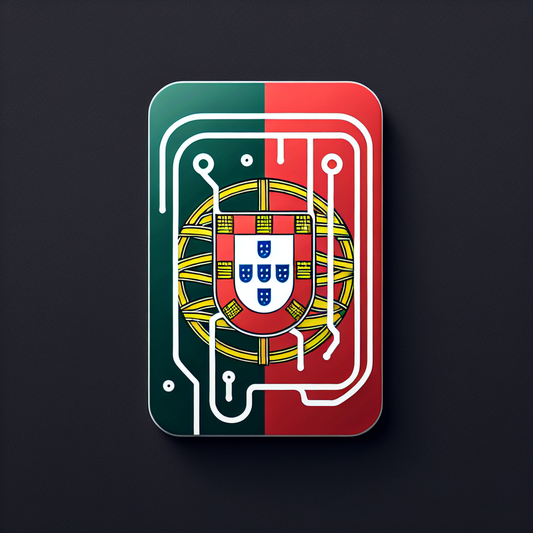 Create a detailed image of a product, specifically an eSIM card, with the flag of Portugal as its base design. The design should strictly adhere to the country's flag colors and layout without any text addition. Make sure it imparts the digital and sleek nature of an eSIM card.