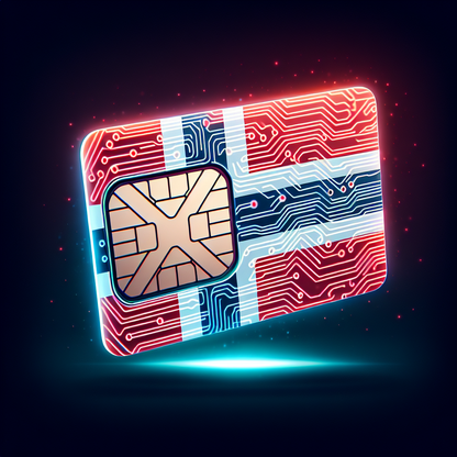 An illustration of an eSIM card for Norway. The base of the card is designed with the colours and pattern of the Norwegian flag. The eSIM card radiates a futuristic digital glow, as common to many digital products. Keep in mind there's no text included in the image.