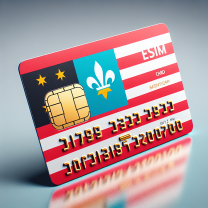 Visualize a product photo of an eSIM card designed for the country of Saint Barthelemy. The eSIM card is based on the flag of Saint Barthelemy, it has the same colors and patterns as the flag. The card is reflecting the light subtly, giving it a polished and professional look. The design is text-free and the subtle texture of the card's surface can be distinctly seen.