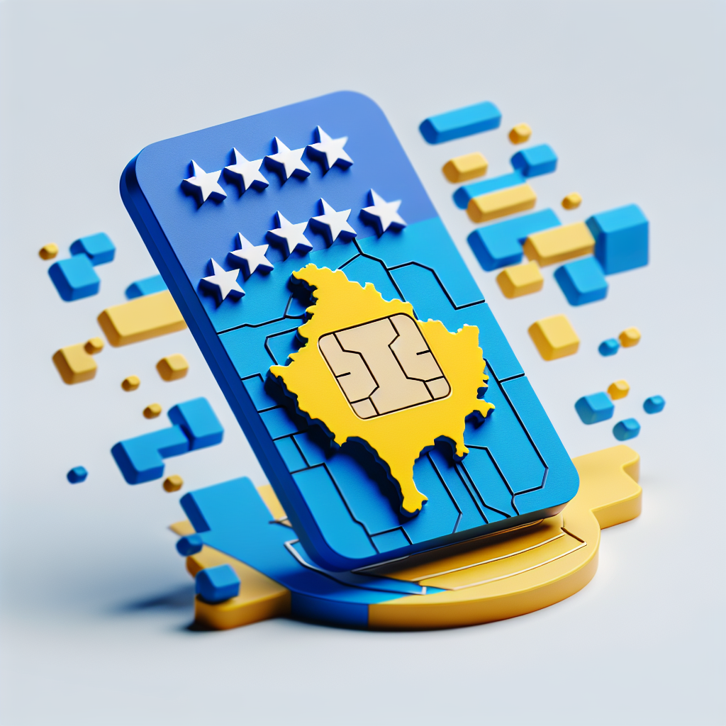 Generate a 3D product image of an eSIM card themed around the country of Kosovo. The design of the eSIM card should incorporate the colors of the Kosovan flag which are blue and yellow, with a stylised map of the country. However, it should not include any textual elements at all.
