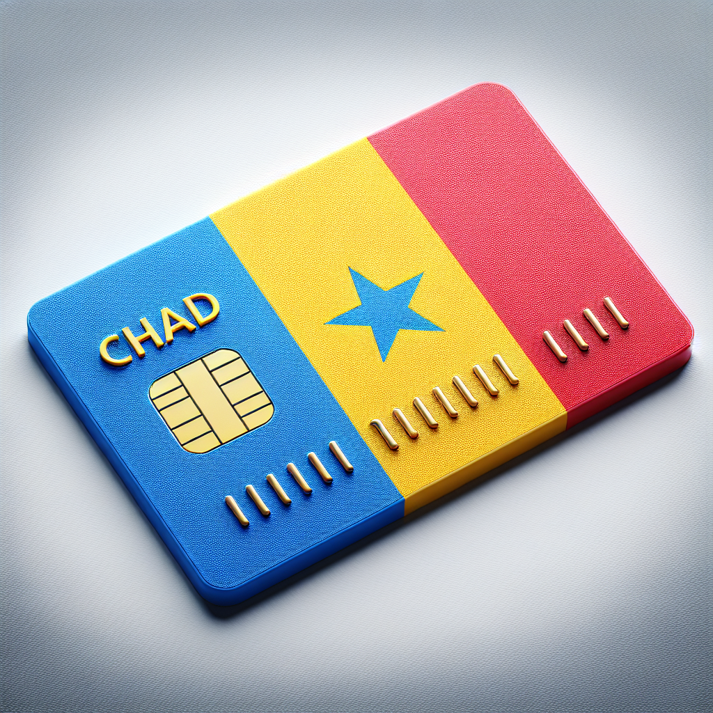 Generate a detailed image of an eSIM card for Chad, featuring the country's flag. The eSIM card should be purely visual, with no written text whatsoever, allowing the flag's colors and design to fully represent the card. Give emphasis to the deep blue, yellow, and red bands of Chad's flag, disallowing any typographic elements to enhance its national identity.