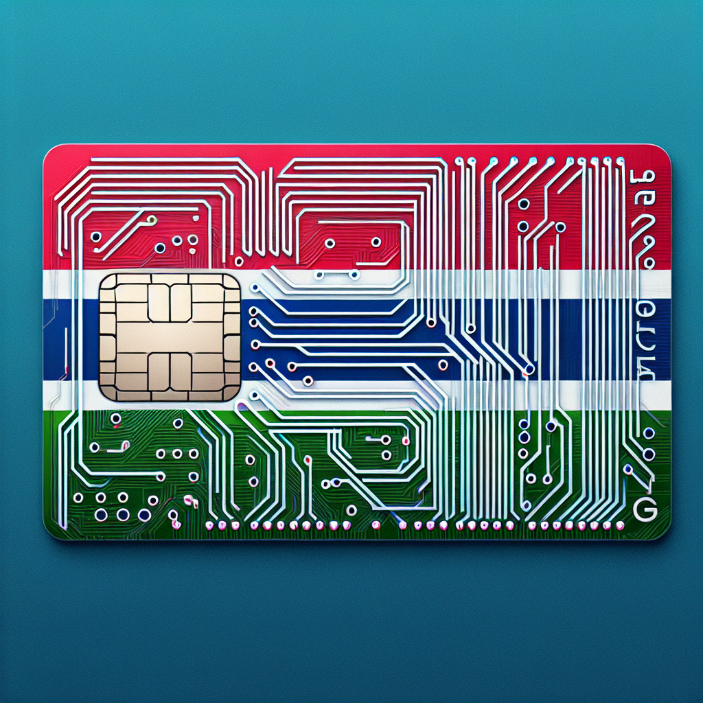 Generate a detailed image of an eSIM card intended for the country of Gambia. The card's design should be based on the country flag of Gambia, which features horizontal stripes of red, blue, and green separated by thin white lines and a small amount of digital circuitry to represent the electronic nature of the eSIM. Make sure not to include any text in the image.