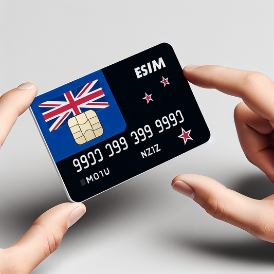 Create a detailed image of a product photograph for an esim card dedicated to the country of New Zealand. The base of the esim card should incorporate the design and colors of the New Zealand flag; black, white and blue, but devoid of any text or words. The card must have a digital sleek look, emphasizing the ease and convenience of modern technology.