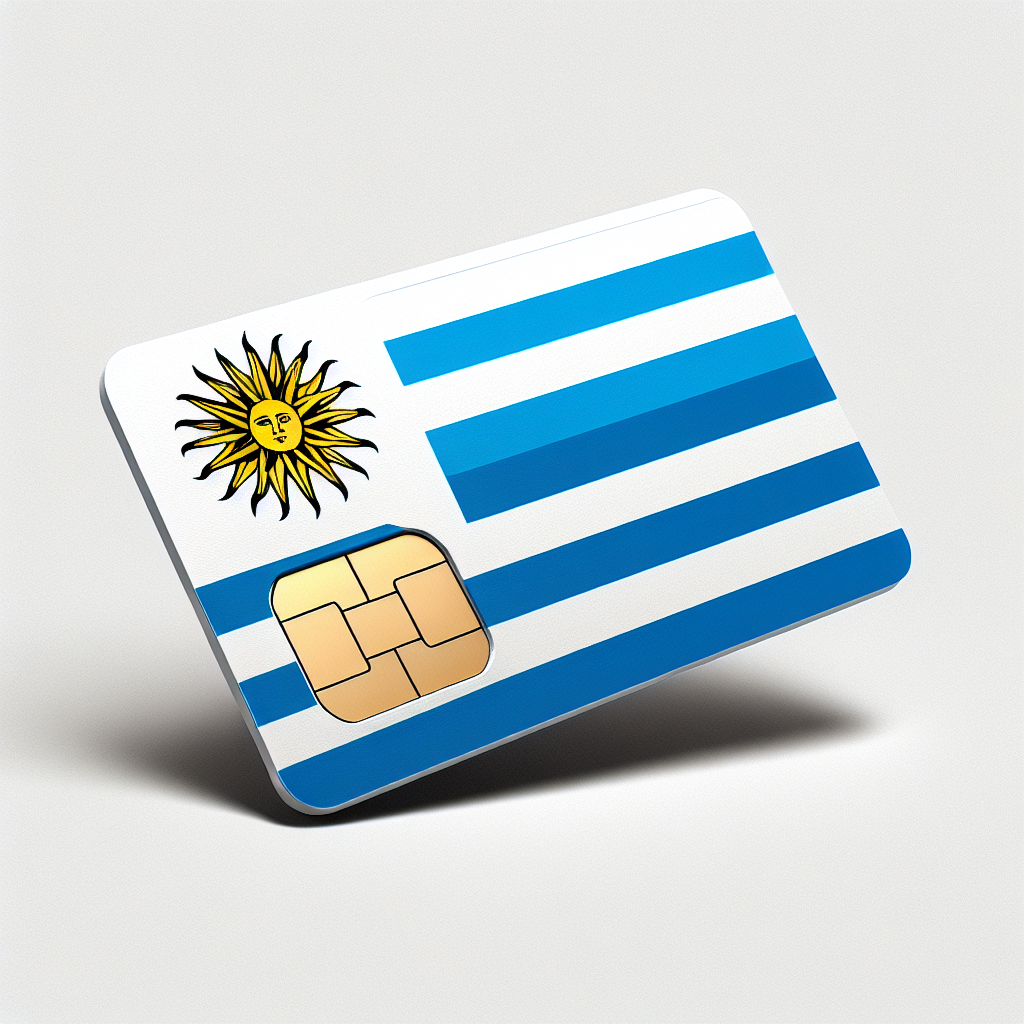 Create a product photo of an esim card representing the country of Uruguay. The base of the esim card should be inspired by the national flag of Uruguay, which consists of nine horizontal stripes of white (top and bottom) alternating with blue and the Sun of May in the canton. Kindly ensure no text is included in the image.