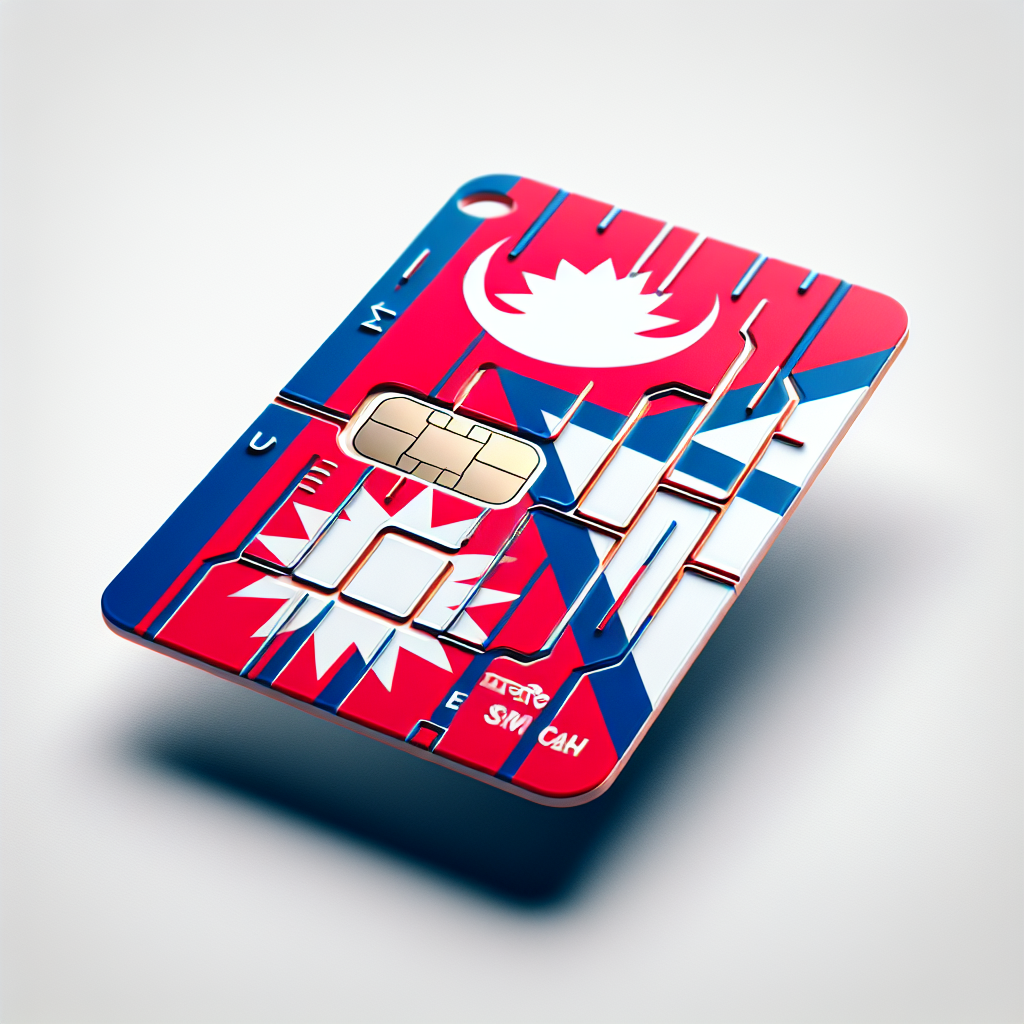 Generate an image of a product photo featuring an eSIM card. The card's design should be based on the flag of the country of Nepal. Be sure to create a striking, detailed image, that showcases the vividness of the flag's red, white and blue colors. The card itself should also be a digital representation, as befitting an eSIM card. NOTE: Do not include any text in the image.