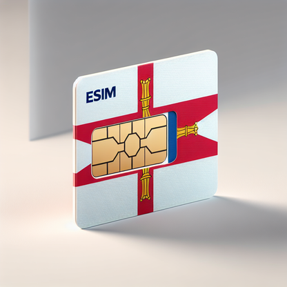 An eSim card design with the flag of the Isle of Man as the base. The card should appear to be a typical product photo, placed on a neutral background. Ensure that no text is included anywhere in the image.