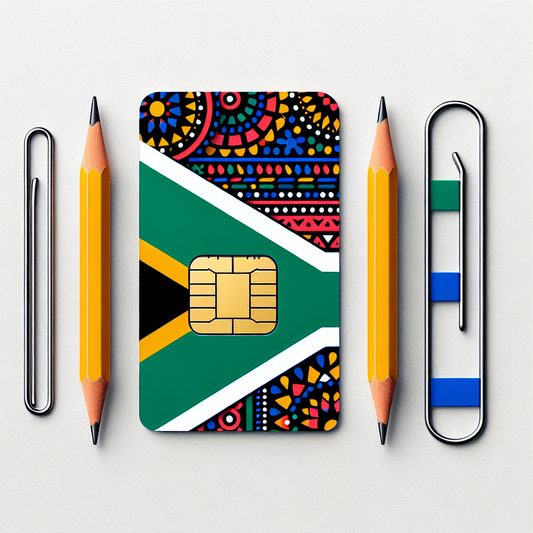 Generate a product image of an eSIM card designed with the colors of the South African flag. Use the colors and pattern of the flag as the base design of the card, maintaining a clean and text-free image.