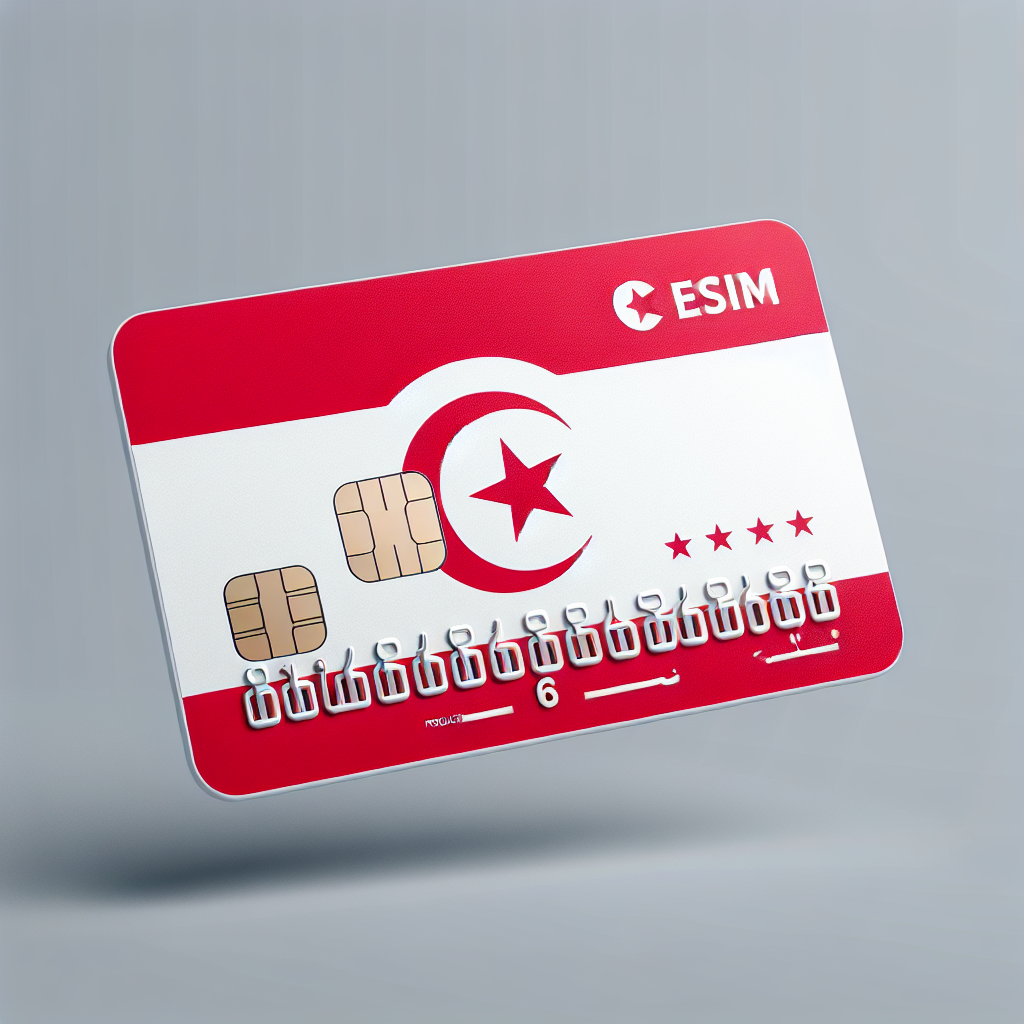 Create a detailed image of a product photo for an eSIM card. The card should be designed with the base being the vivid red and white flag of Tunisia, prominently displaying the crescent and star emblem in the center. Make sure that no text should be included in the image, maintaining a clean and sleek aesthetic.